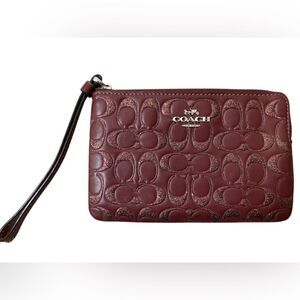 Coach Poppy F80214 Glitter Burgundy Wine Leather Zip Wristlet Embossed Monogram